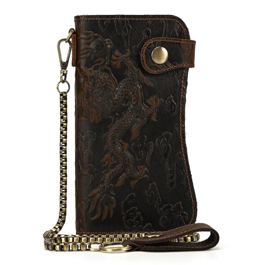 LUUFAN Mens Genuine Leather Long Wallet Chain Wallet Card holder Wallet with Coin Pocket (Dragon - Dark Brown)